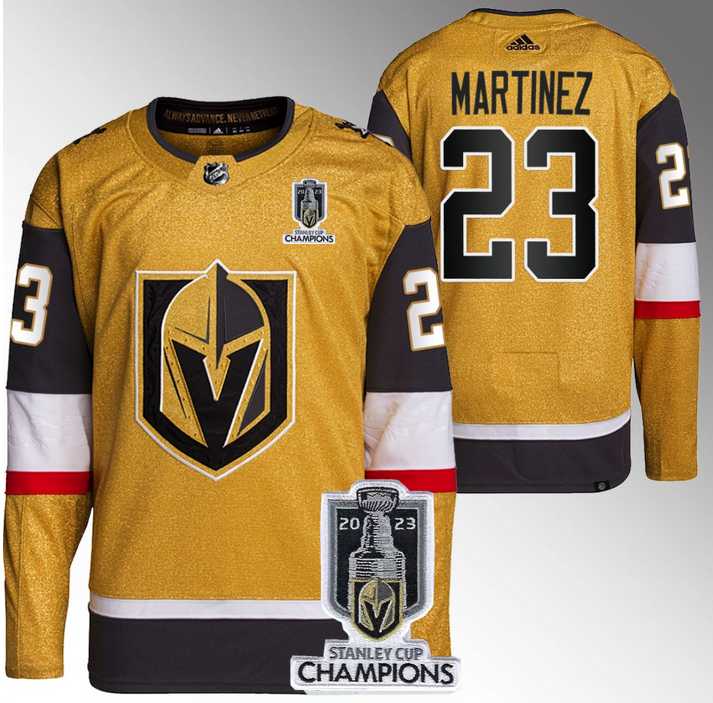 Mens Vegas Golden Knights #23 Alec Martinez Gold 2023 Stanley Cup Champions Stitched Jersey